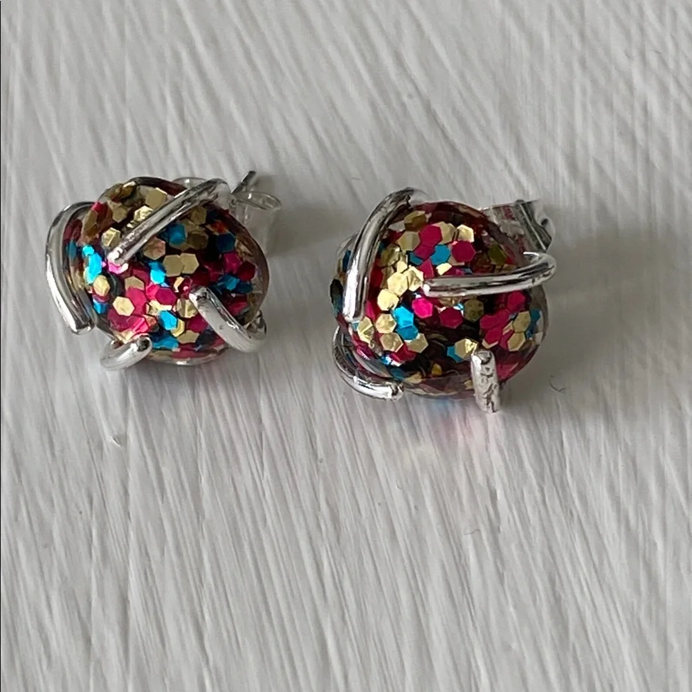 Handmade Multicolor Confetti Glitter Ball Stud 925 Sterling Silver Earrings